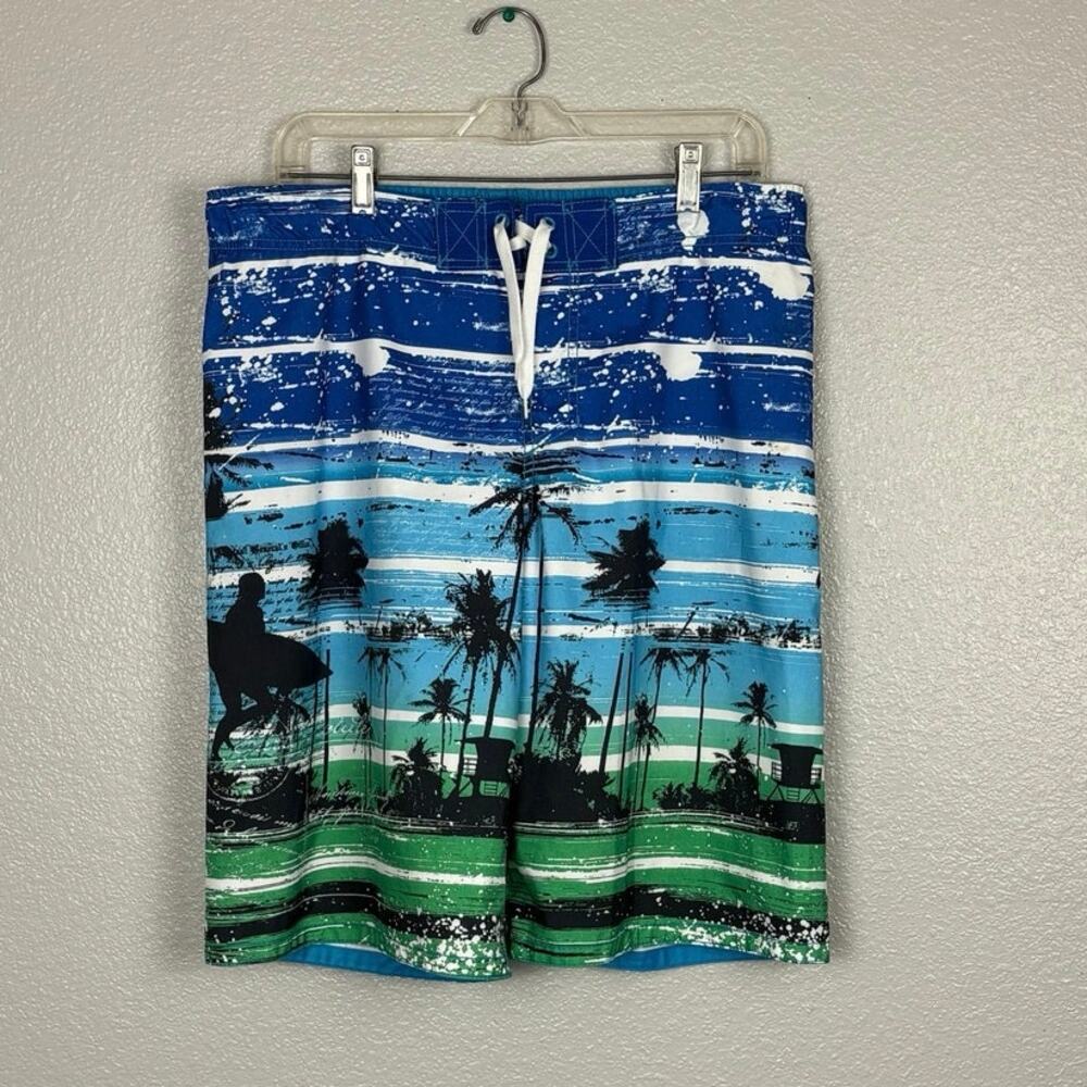 Mossimo Boy's Size XL Striped Palm Tree Blue White Green Swim Trunks Shorts